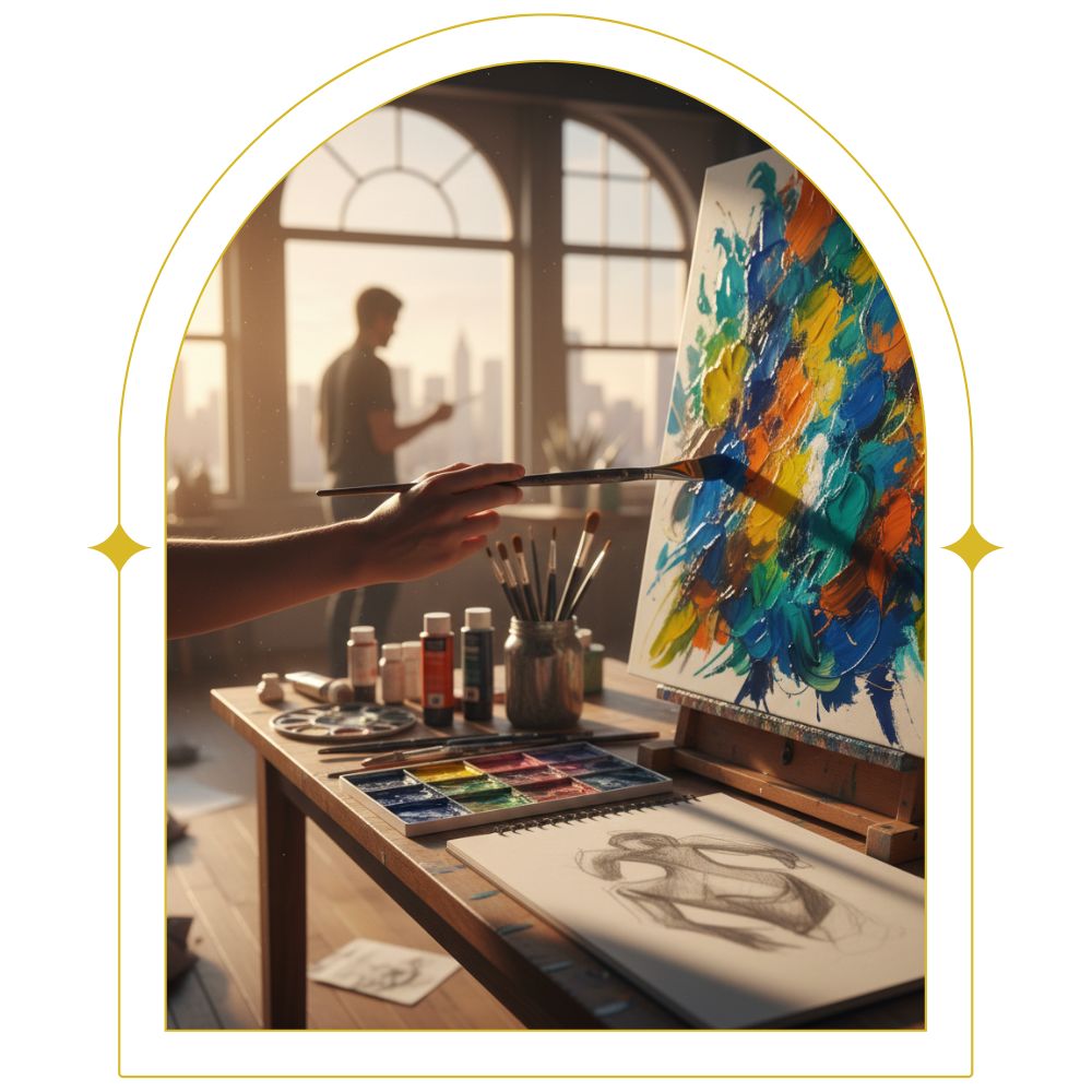 Person painting a colorful abstract artwork on an easel with a cityscape in the background.
