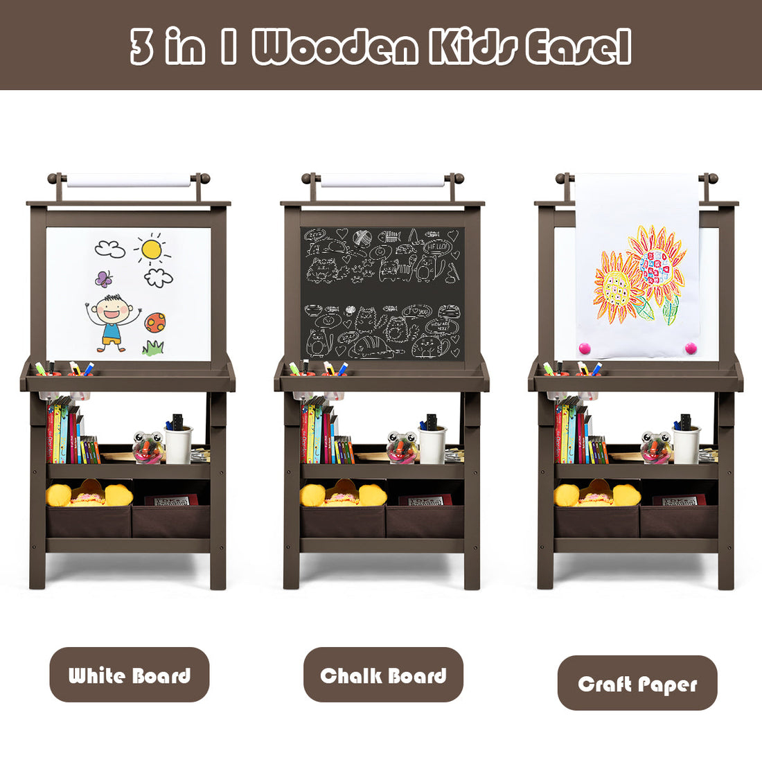 3 in 1 Double-Sided Storage Art Easel-Brown