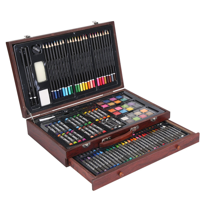 140Pcs Art Supplies Kit Colored Pencils Crayons Wooden Box