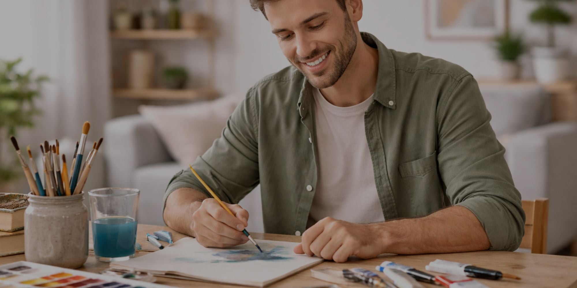 Man sitting at a table with art supplies, smiling and drawing.