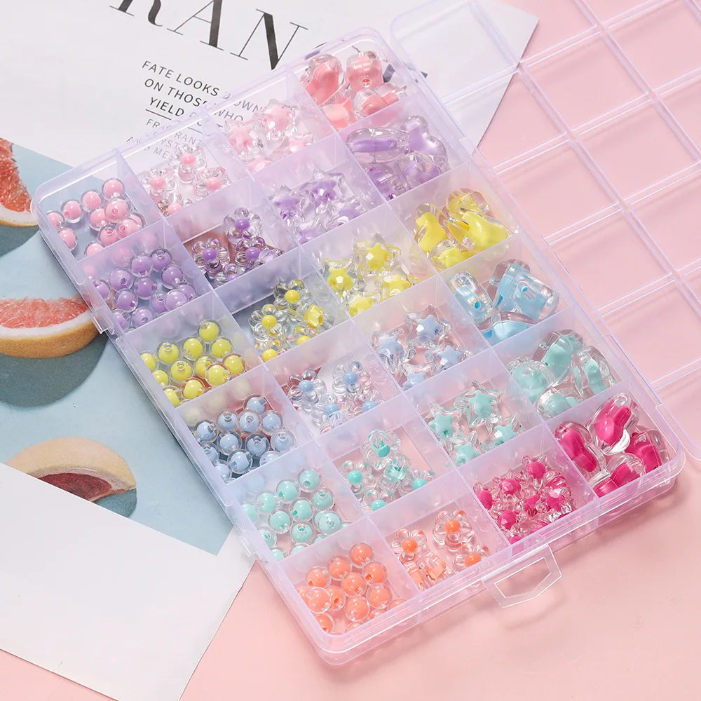 24 Grid Acrylic Beads Kit Heart Star Flower Jewelry