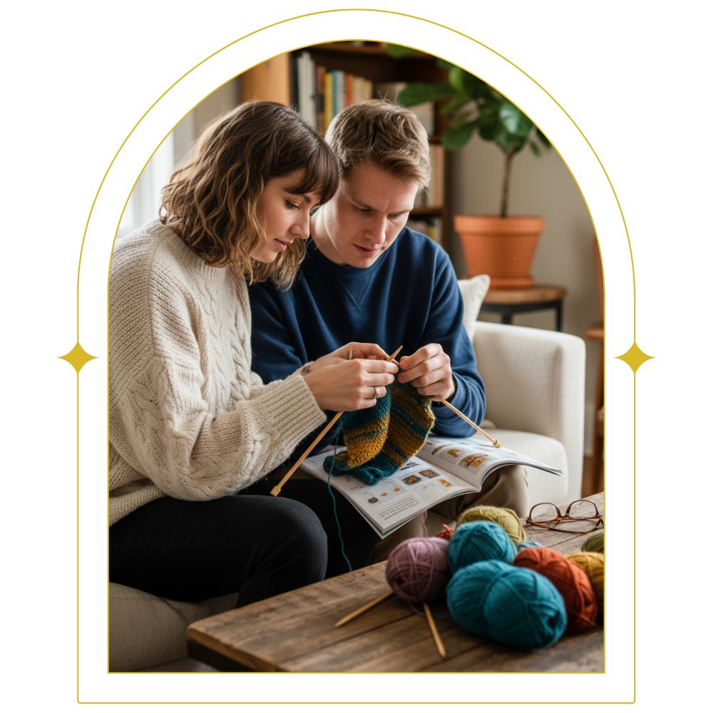 Two people sitting on a couch knitting with colorful yarn and a book, in a cozy living room setting.