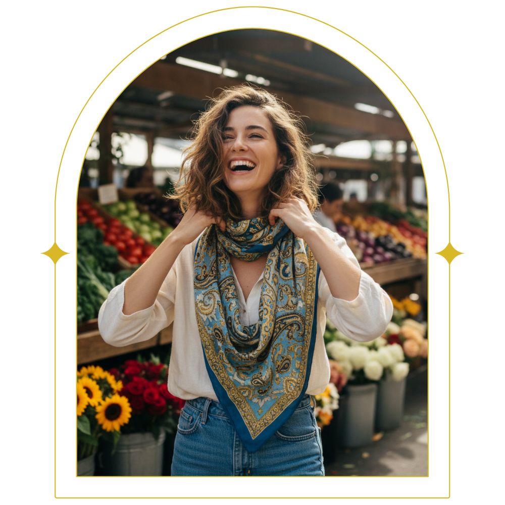 Woman with a colorful scarf at an outdoor farmers market